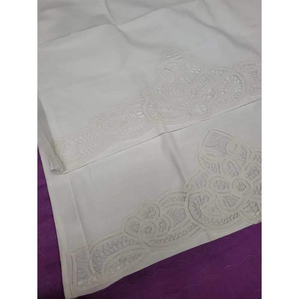 Antique Linen Embroidered Floral Embroidery Trim Pillowcase Set 2